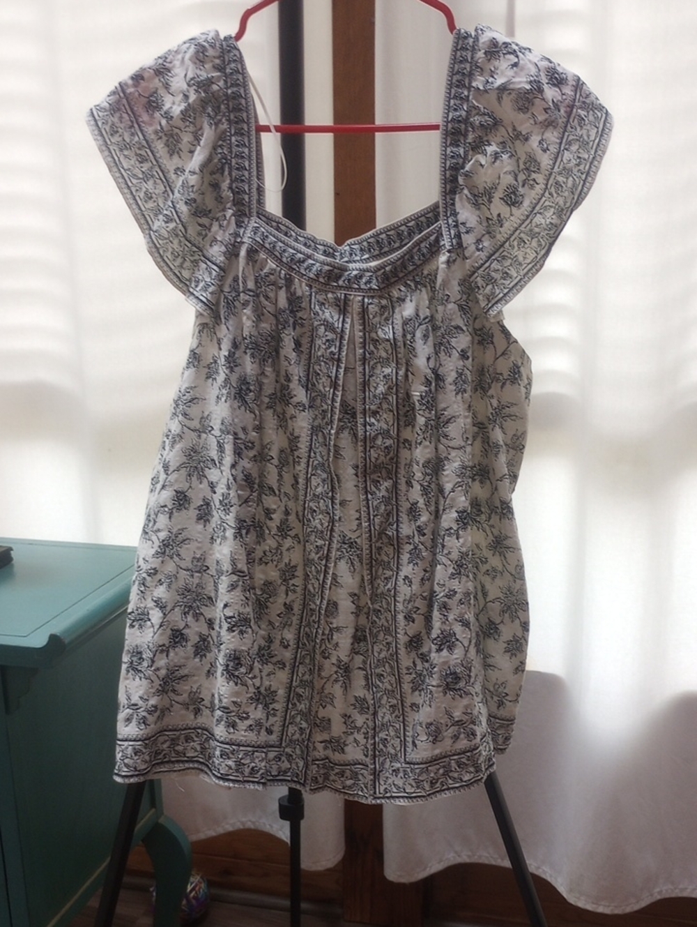 Max Studio White Top with Navy Floral Print